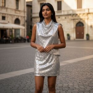 Dee Dee Silver Sequin Cowl Neck Short Party Dress Size Small